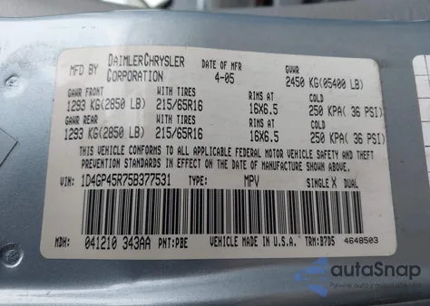 2005 Dodge Caravan Sxt z USA, uszkodzony, nr VIN 1D4GP45R75B377531